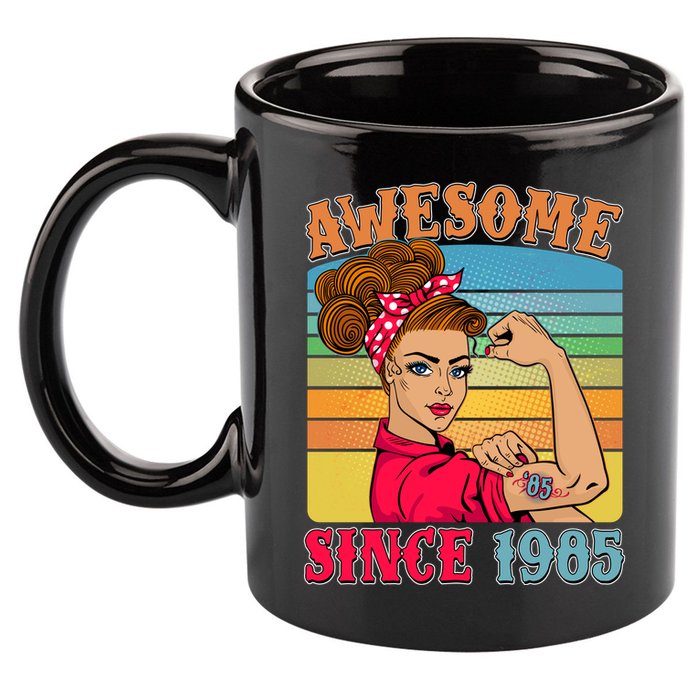 Awesome Since 1985 40th Birthday Messy Bun Rosie The Riveter 11oz C Handle Ceramic Mug