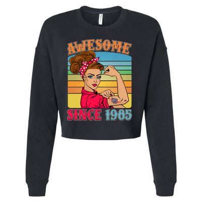 Awesome Since 1985 40th Birthday Messy Bun Rosie The Riveter Cropped Pullover Crew