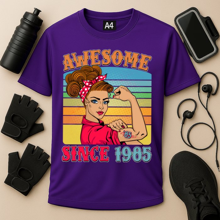 Awesome Since 1985 40th Birthday Messy Bun Rosie The Riveter Performance Shirt
