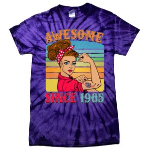 Awesome Since 1985 40th Birthday Messy Bun Rosie The Riveter Tie-Dye T-Shirt