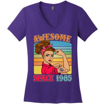Awesome Since 1985 40th Birthday Messy Bun Rosie The Riveter Women's V-Neck T-Shirt