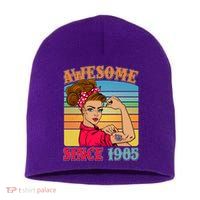 Awesome Since 1985 40th Birthday Messy Bun Rosie The Riveter Short Acrylic Beanie