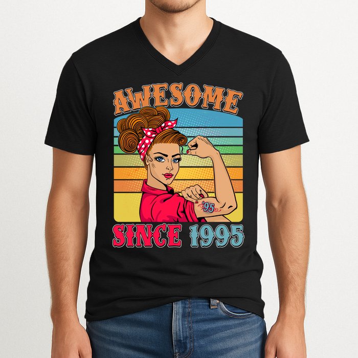 Awesome Since 1995 30th Birthday Messy Bun Rosie The Riveter V-Neck T-Shirt