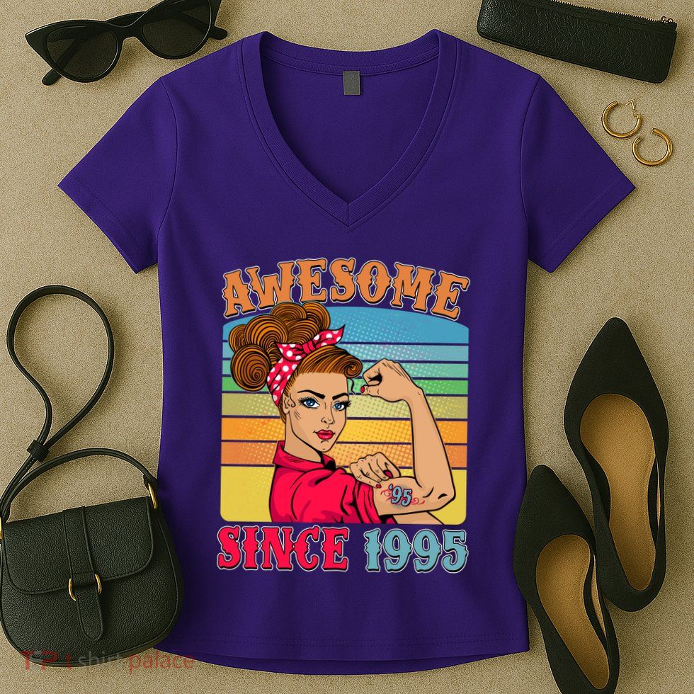 Awesome Since 1995 30th Birthday Messy Bun Rosie The Riveter Women's V-Neck T-Shirt