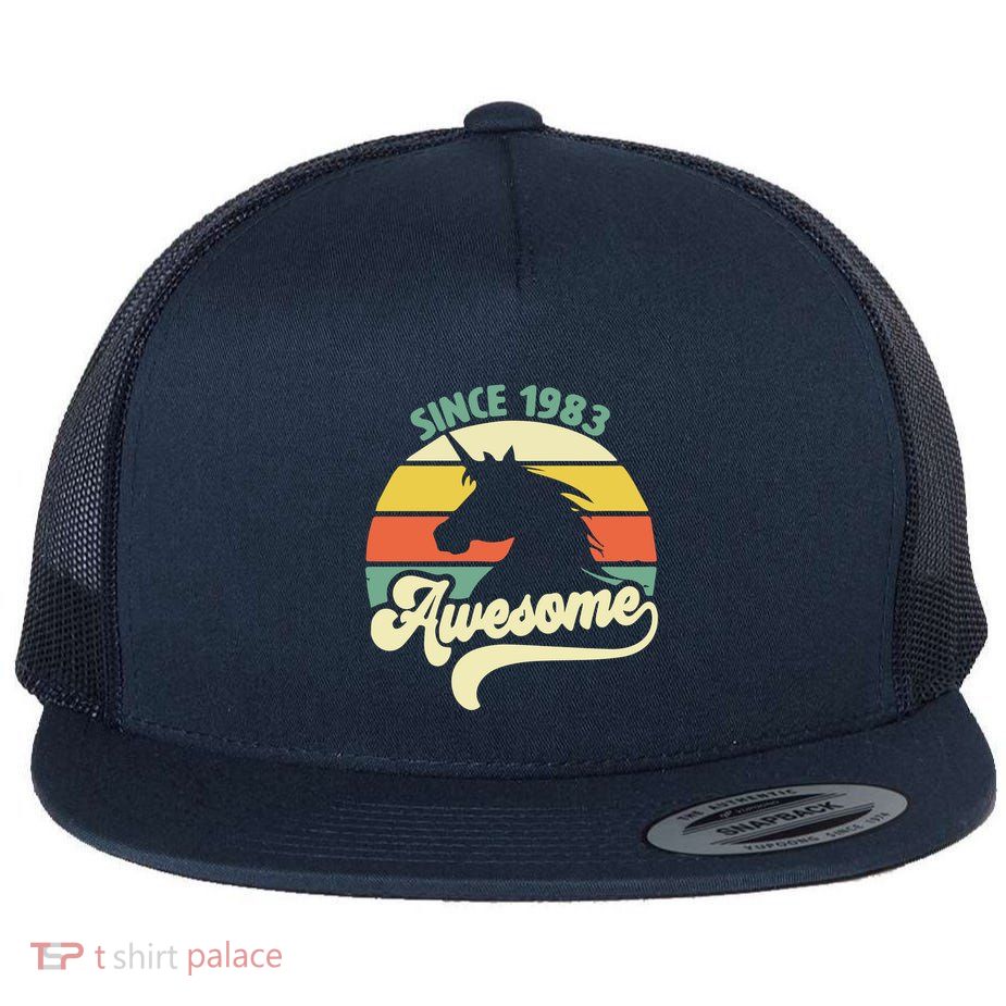 Awesome Since 1983 Retro Unicorn Birthday Flatbill Hat