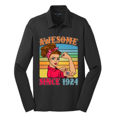 Awesome Since 1924 100th Birthday Messy Bun Rosie The Riveter Silk Touch Performance Long Sleeve Polo