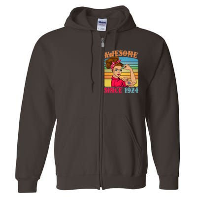 Awesome Since 1924 100th Birthday Messy Bun Rosie The Riveter Full Zip Hoodie