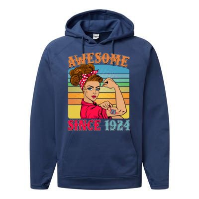 Awesome Since 1924 100th Birthday Messy Bun Rosie The Riveter Performance Fleece Hoodie