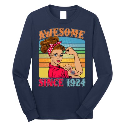 Awesome Since 1924 100th Birthday Messy Bun Rosie The Riveter Long Sleeve Shirt