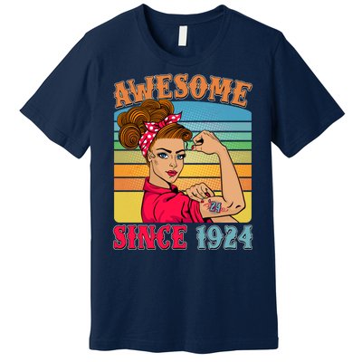 Awesome Since 1924 100th Birthday Messy Bun Rosie The Riveter Premium T-Shirt