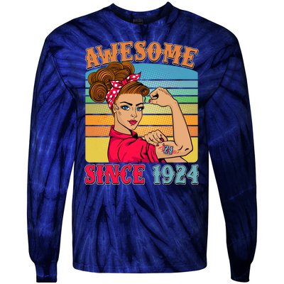 Awesome Since 1924 100th Birthday Messy Bun Rosie The Riveter Tie-Dye Long Sleeve Shirt