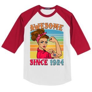 Awesome Since 1924 100th Birthday Messy Bun Rosie The Riveter Kids Colorblock Raglan Jersey