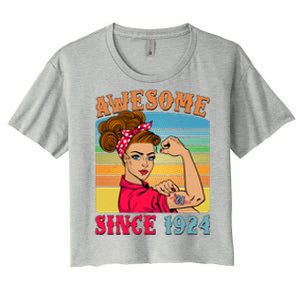 Awesome Since 1924 100th Birthday Messy Bun Rosie The Riveter Women's Crop Top Tee