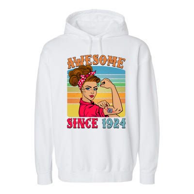 Awesome Since 1924 100th Birthday Messy Bun Rosie The Riveter Garment-Dyed Fleece Hoodie