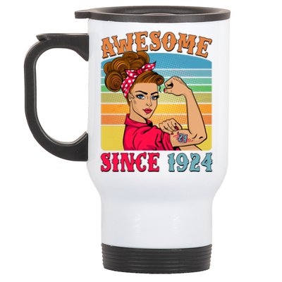 Awesome Since 1924 100th Birthday Messy Bun Rosie The Riveter Stainless Steel Travel Mug