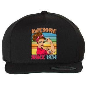 Awesome Since 1934 90th Birthday Messy Bun Rosie The Riveter Wool Snapback Cap