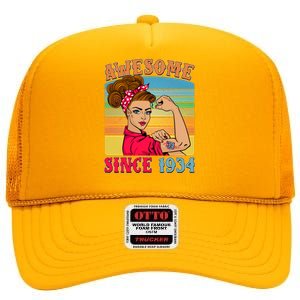 Awesome Since 1934 90th Birthday Messy Bun Rosie The Riveter High Crown Mesh Back Trucker Hat