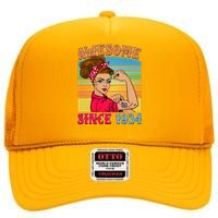 Awesome Since 1934 90th Birthday Messy Bun Rosie The Riveter High Crown Mesh Back Trucker Hat