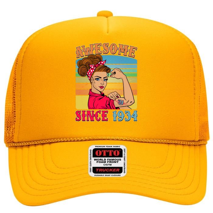 Awesome Since 1934 90th Birthday Messy Bun Rosie The Riveter High Crown Mesh Back Trucker Hat