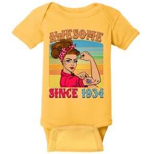 Awesome Since 1934 90th Birthday Messy Bun Rosie The Riveter Baby Bodysuit