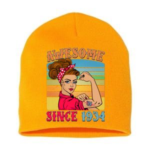 Awesome Since 1934 90th Birthday Messy Bun Rosie The Riveter Short Acrylic Beanie