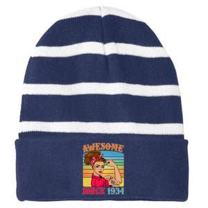 Awesome Since 1934 90th Birthday Messy Bun Rosie The Riveter Striped Beanie with Solid Band