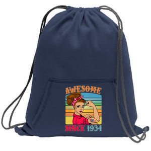 Awesome Since 1934 90th Birthday Messy Bun Rosie The Riveter Sweatshirt Cinch Pack Bag