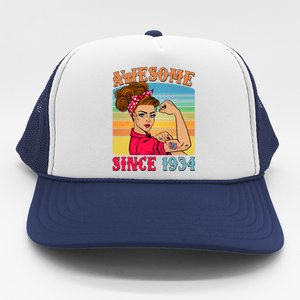 Awesome Since 1934 90th Birthday Messy Bun Rosie The Riveter Trucker Hat