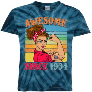 Awesome Since 1934 90th Birthday Messy Bun Rosie The Riveter Kids Tie-Dye T-Shirt