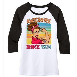 Awesome Since 1934 90th Birthday Messy Bun Rosie The Riveter Women's Tri-Blend 3/4-Sleeve Raglan Shirt