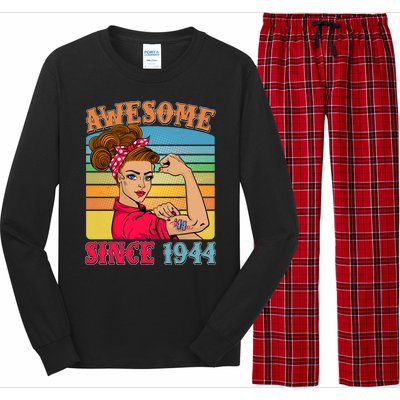 Awesome Since 1944 80th Birthday Messy Bun Rosie The Riveter Long Sleeve Pajama Set