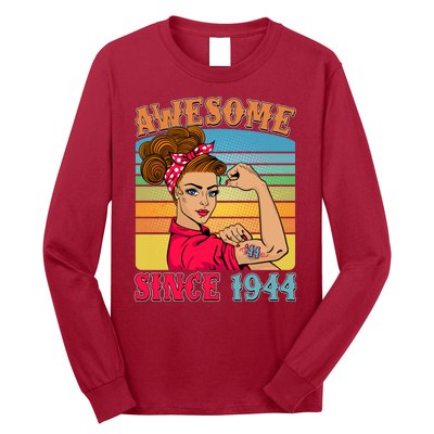 Awesome Since 1944 80th Birthday Messy Bun Rosie The Riveter Long Sleeve Shirt