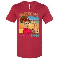 Awesome Since 1944 80th Birthday Messy Bun Rosie The Riveter V-Neck T-Shirt