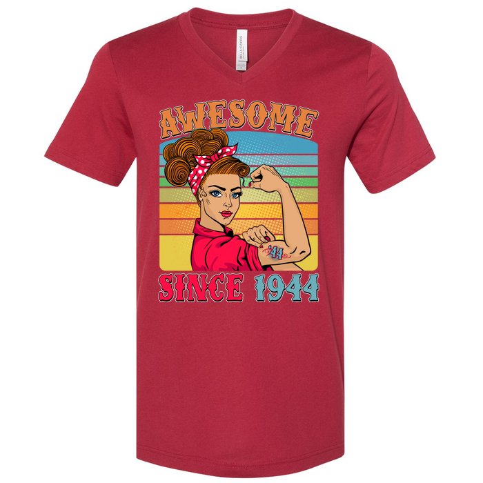 Awesome Since 1944 80th Birthday Messy Bun Rosie The Riveter V-Neck T-Shirt