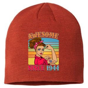 Awesome Since 1944 80th Birthday Messy Bun Rosie The Riveter Sustainable Beanie