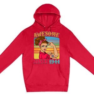 Awesome Since 1944 80th Birthday Messy Bun Rosie The Riveter Premium Pullover Hoodie