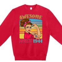 Awesome Since 1944 80th Birthday Messy Bun Rosie The Riveter Premium Crewneck Sweatshirt