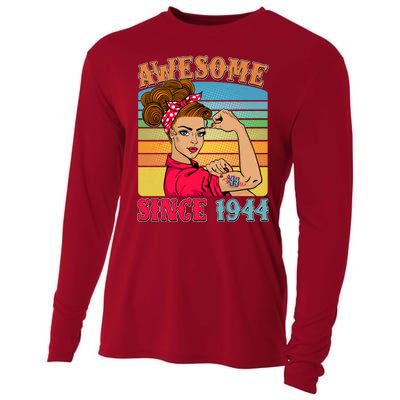 Awesome Since 1944 80th Birthday Messy Bun Rosie The Riveter Cooling Performance Long Sleeve Crew