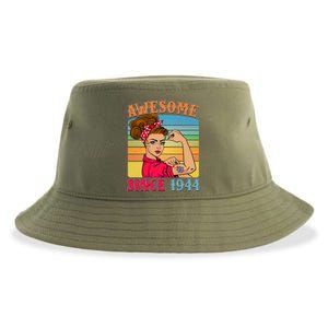 Awesome Since 1944 80th Birthday Messy Bun Rosie The Riveter Sustainable Bucket Hat