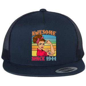 Awesome Since 1944 80th Birthday Messy Bun Rosie The Riveter Flat Bill Trucker Hat