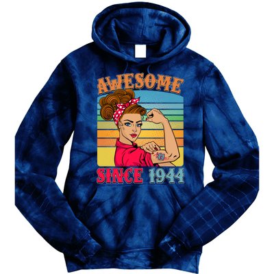 Awesome Since 1944 80th Birthday Messy Bun Rosie The Riveter Tie Dye Hoodie