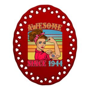 Awesome Since 1944 80th Birthday Messy Bun Rosie The Riveter Ceramic Oval Ornament