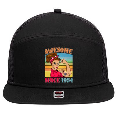 Awesome Since 1954 70th Birthday Messy Bun Rosie The Riveter 7 Panel Mesh Trucker Snapback Hat