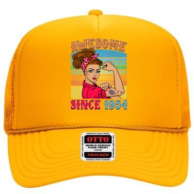 Awesome Since 1954 70th Birthday Messy Bun Rosie The Riveter High Crown Mesh Back Trucker Hat