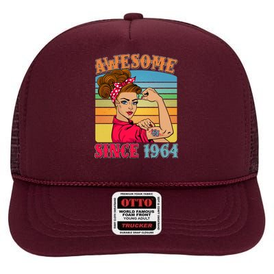 Awesome Since 1964 60th Birthday Messy Bun Rosie The Riveter High Crown Mesh Back Trucker Hat