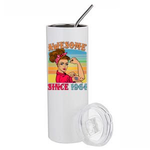 Awesome Since 1964 60th Birthday Messy Bun Rosie The Riveter Stainless Steel Tumbler