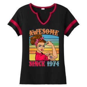 Awesome Since 1974 50th Birthday Messy Bun Rosie The Riveter Ladies Halftime Notch Neck Tee