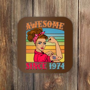 Awesome Since 1974 50th Birthday Messy Bun Rosie The Riveter Coaster