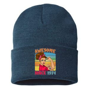 Awesome Since 1974 50th Birthday Messy Bun Rosie The Riveter Sustainable Knit Beanie