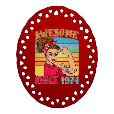 Awesome Since 1974 50th Birthday Messy Bun Rosie The Riveter Ceramic Oval Ornament